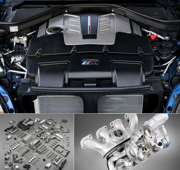 Могучий V8 на BMW X5 M развивает 555 лошадиных сил на 6000 оборотах в минуту. При этом, планка максимального крутящего момента в 680 Нм у этого агрегата тянется от 1500 до 5650 оборотов в минуту! Силовой агрегат построен на базе "гражданского" мотора, но отличается от него новой поршневой группой и другим газораспределительным механизмом, модернизированной системой охлаждения и полностью переработанным впуском с другими турбокомпрессорами и собственным коллектором. Отзывчивость педали газа и отсутствие сколь ощутимо заметной задержки в откликах мотора - заслуга двух турбин с двойными крыльчатками и оригинального впускного коллектора. Патрубки сделаны максимально короткими, а главное - к каждой турбине подходят патрубки от противоположных цилиндров - с двух с правой стороны блока, и с двух - с левой, работающих в противофазе. Такое решение позволило добиться равномерной подачи выхлопных газов к турбокомпрессору и, в итоге, избавиться от турбоямы